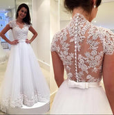 Cap Sleeve Tulle White Lace Wedding Dress, Elegant A-Line Bridal Gowns